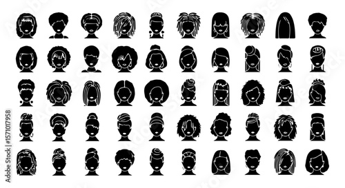 Diverse female hairstyles depicted in a vector silhouette collection showcasing various haircuts and fashion trends, perfect for beauty designs.