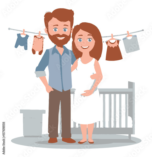 Happy Cartoon Couple Preparing for Baby with Clothes on a Line