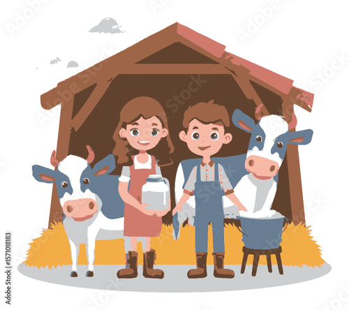 Cheerful Cartoon Farmers with Cows in a Barn Illustration for Kids