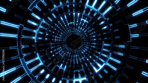 Tunnels of many glowing blue lines and lines forming concentric circles and radial segments. An endless passage to the digital future or the virtual world.