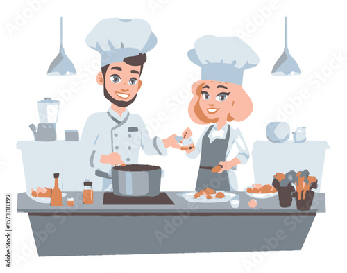 Cheerful Cartoon Chefs Cooking Together in a Modern Kitchen Setting