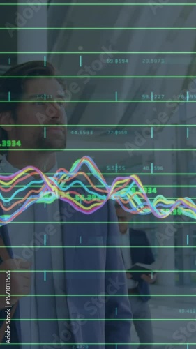 Animation of financial data processing over businessman