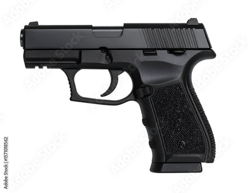 A robust black semi-automatic pistol with a textured grip is displayed, emphasizing its intricate design.