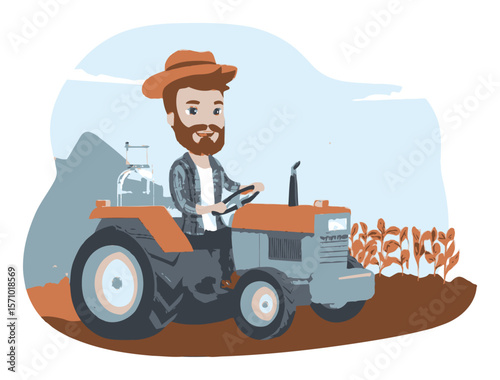 Cartoon Farmer Driving Tractor on Field with Green Plants in Background
