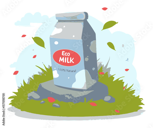 Cartoon Vector of Eco Milk Carton on Stone Base Surrounded by Nature