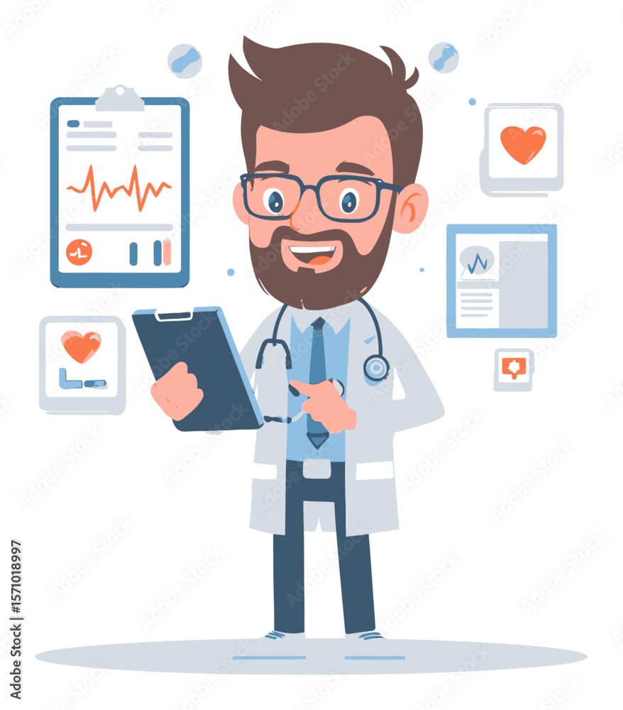 Cartoon Doctor with Medical Records and Health Data in Vector Style Cartoon Doctor with Medical Records and Health Data in Vector Style