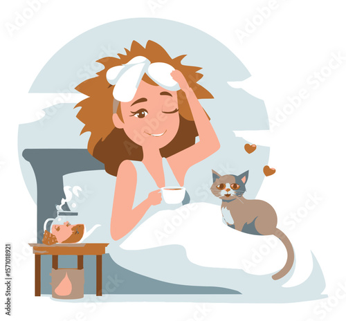 Cartoon woman relaxing in bed with cat and tea in cozy home setting