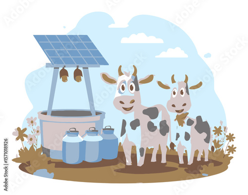 Cartoon cows near solar well with milk containers and flowers in landscape