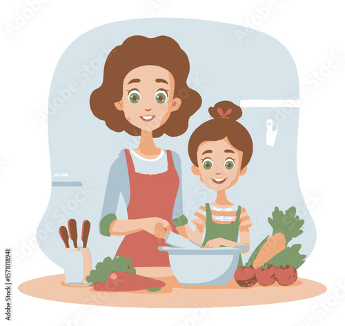 Happy Mother and Daughter Cooking Together in a Bright Kitchen Scene