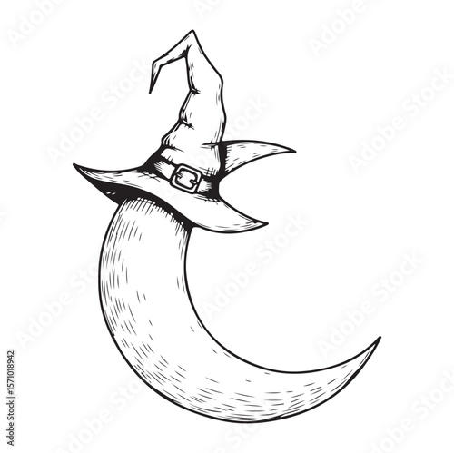 Crescent Moon with Witch Hat – Vector Halloween Illustration. AI generator