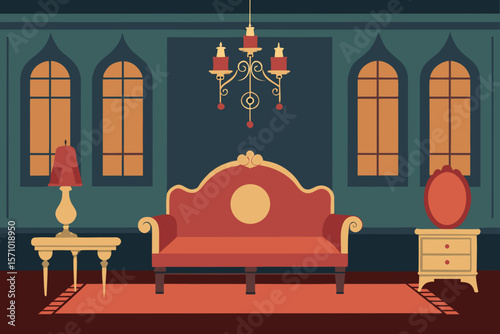 Elegant vintage living room with ornate sofa chandelier and arched windows