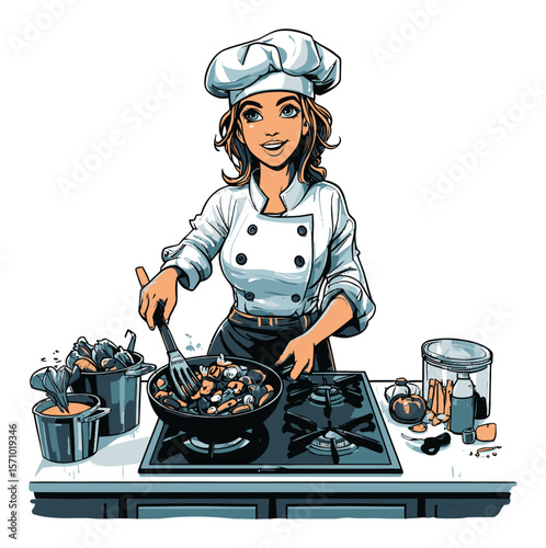 Stylish Chef Cooking Delicious Dish in Modern Kitchen Illustration