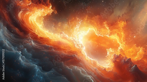 Stunning celestial landscape with fiery oranges blending into cool blues and sprinkled stars, capturing the immensity of cosmic elements.