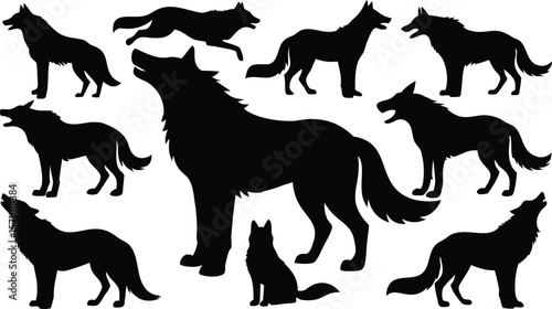 Collection of black wolf silhouettes in various poses and actions on a white background