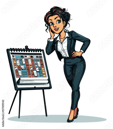 Stylish Businesswoman Presenting Colorful Charts in Vector Format