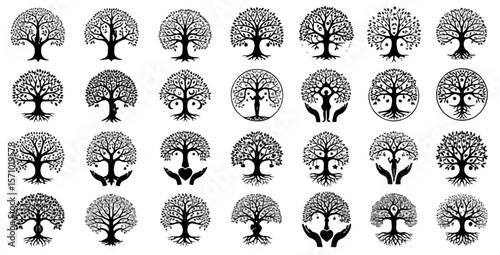 Assorted designs of stylized trees represent concepts of life, spirituality, growth and interconnection with nature and environment, silhouette