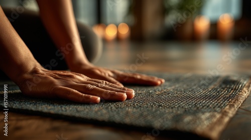 Woman practicing yoga stretches with candles for a serene atmosphere.