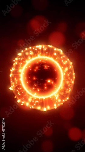 Vibrant Glowing Sphere of Golden Particles on a Red Background Creating an Energetic Atmosphere