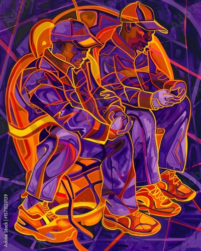Vibrant abstract depiction of human figures expressing emotion through colorful artistry