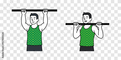 Pull-Up and Dead Hang Exercise Illustration – Fit Man in Green Tank Top
