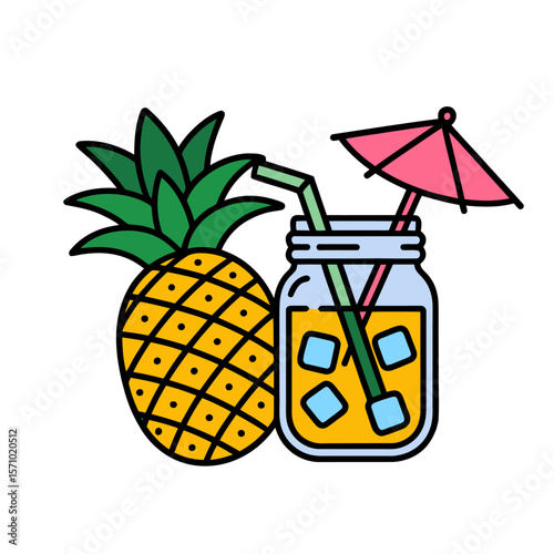 Pineapple Juice with Ice and Umbrella Cartoon Illustration