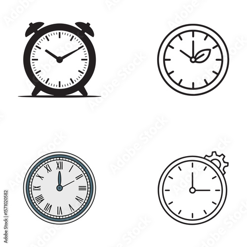 Four different clock icons including alarm clock roman numeral and leaf time vintage
