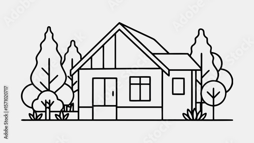 One Line Drawing of Eco Village House with Garden Trees