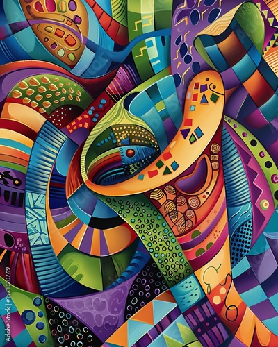 Vibrant abstract artwork featuring stylized human figures in bold colors and expressive forms