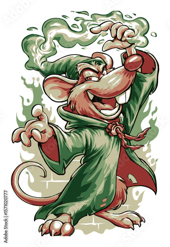 Cartoon Wizard Mouse Casting Spells with Magic Smoke and Energetic Vibes