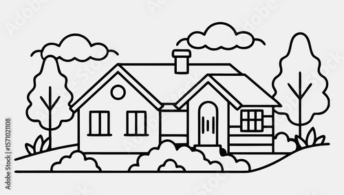 Minimalist Hand-Drawn Vector of Nature-Inspired Cottage Architecture