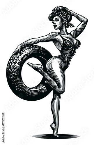 Elegant Woman Posing with Tire in Vintage Hand-Drawn Style Illustration