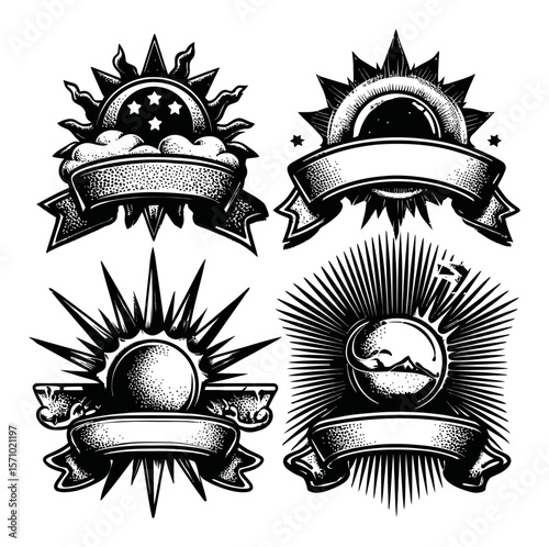 Vintage Vector Hand Draw Sun and Moon Labels with Banners for Design Projects