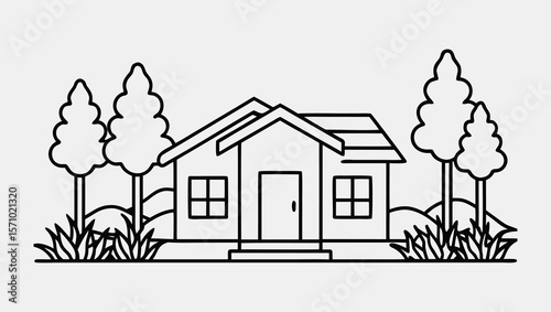 Simple One Line Drawing of Eco-Friendly Home with Garden Trees