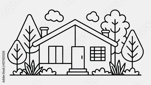 Simple One Line Drawing of Eco-Friendly Home with Garden Trees