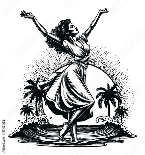 Elegant Hand-Drawn Woman Dancing by the Ocean with Palm Trees