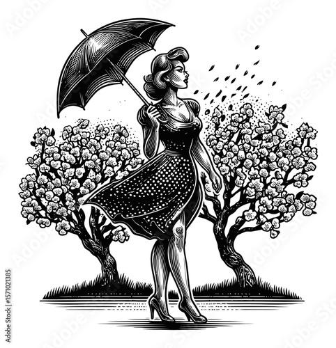 Vintage Woman with Umbrella Walking in Spring Blossoms Illustration
