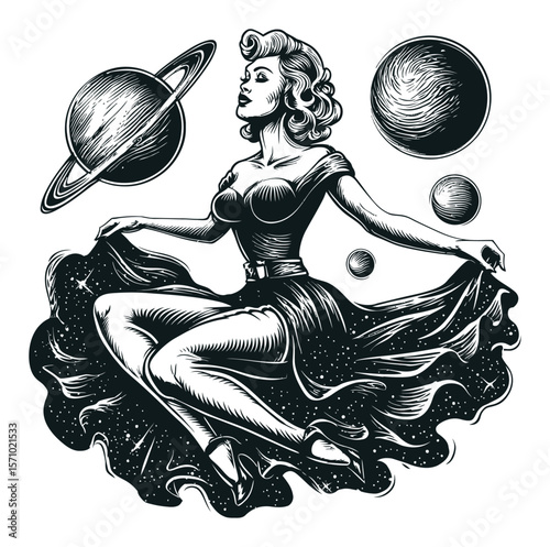 Elegant Retro Woman Surrounded by Planets and Cosmic Elements in Vector Art