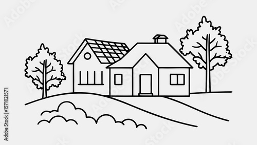 Elegant Minimalist Line Drawing of Green Village House with Trees