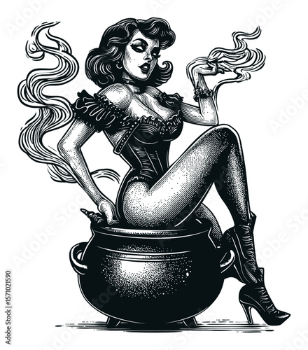 Enchanting Witch Sitting on a Cauldron with Smoke and Dark Vibes
