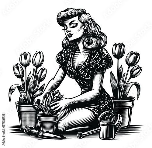 Elegant Woman Gardening with Tulips in Vintage Style Line Art