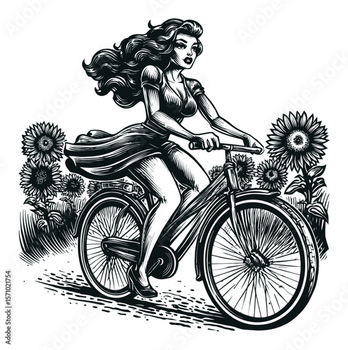 Vintage Style Hand Drawn Illustration of a Woman Riding Bicycle Among Sunflowers