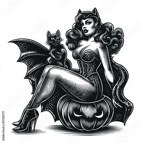 Elegant Halloween Woman with Cat on Pumpkin in Vintage Vector Style