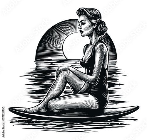 Vintage Vector Illustration of a Woman Sitting on a Surfboard by the Ocean