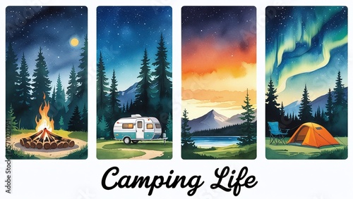 Watercolor camping adventures showing tents, RVs, campfire, lake view, and aurora borealis illustrations with 'Camping Life' text