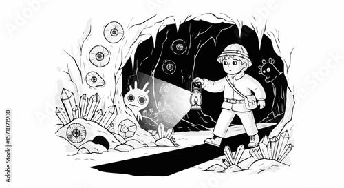 Exploring cave with lantern drawing illustration for adventure travel and fantasy themed coloring page for kids and adults
