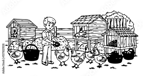 Illustration of boy feeding chickens in farmyard with chicken coop and fence line art drawing vector 100