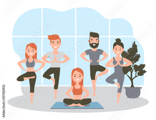 Cartoon Characters Practicing Yoga in Bright Room with Large Windows