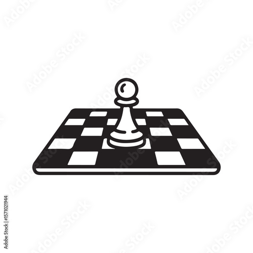 Black and white illustration of a single white pawn on a chessboard game strategy