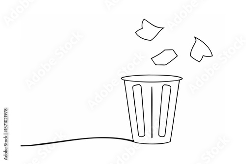Trash can with falling paper scraps waste bin disposal