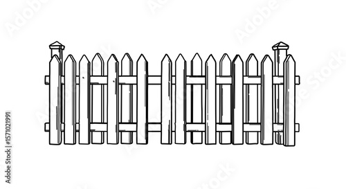 Outline drawing of a classic white picket fence for garden landscaping and home security and decoration